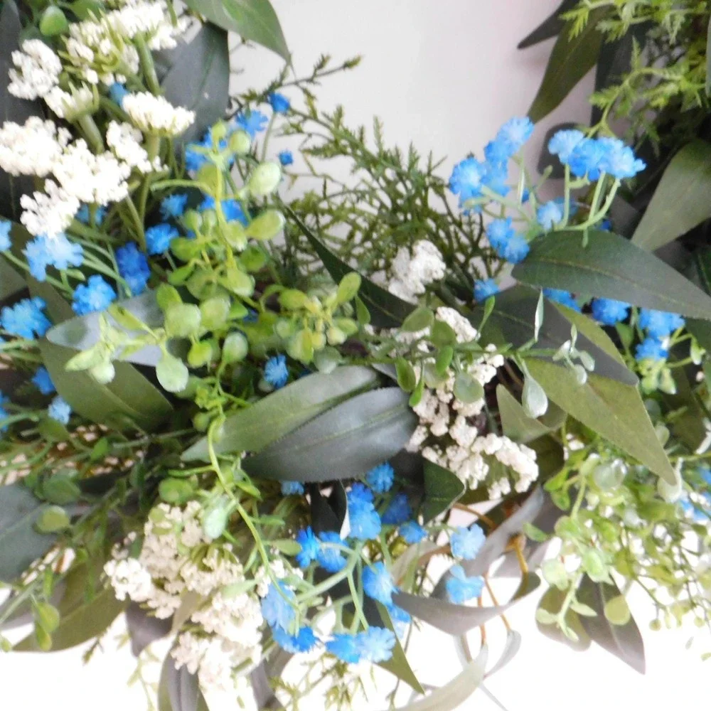 Artificial Year Round Greenery Wreath Blue and White‎ Flowers Housewarming Gift